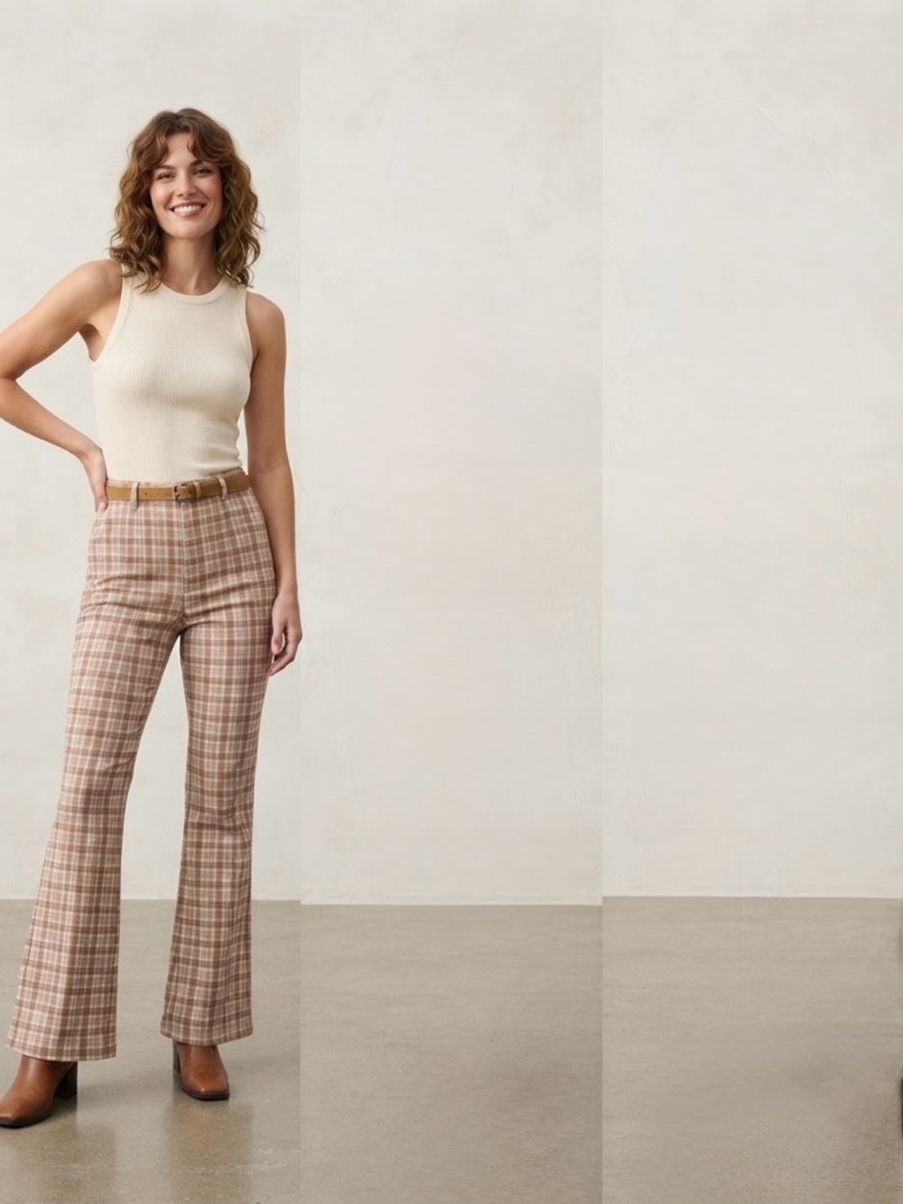 SHEIN Cream & Brown Plaid Bootcut Pants